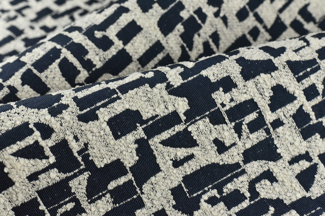 Abstract Geometric Boucle Upholstery Fabric in Navy Blue and Cream|Contemporary Funky Abstract Pattern Home Decor Furniture Upholstery