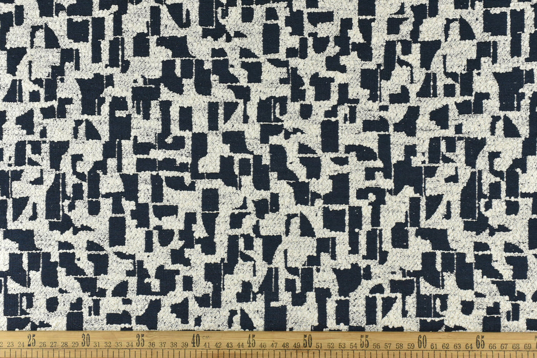 Abstract Geometric Boucle Upholstery Fabric in Navy Blue and Cream|Contemporary Funky Abstract Pattern Home Decor Furniture Upholstery