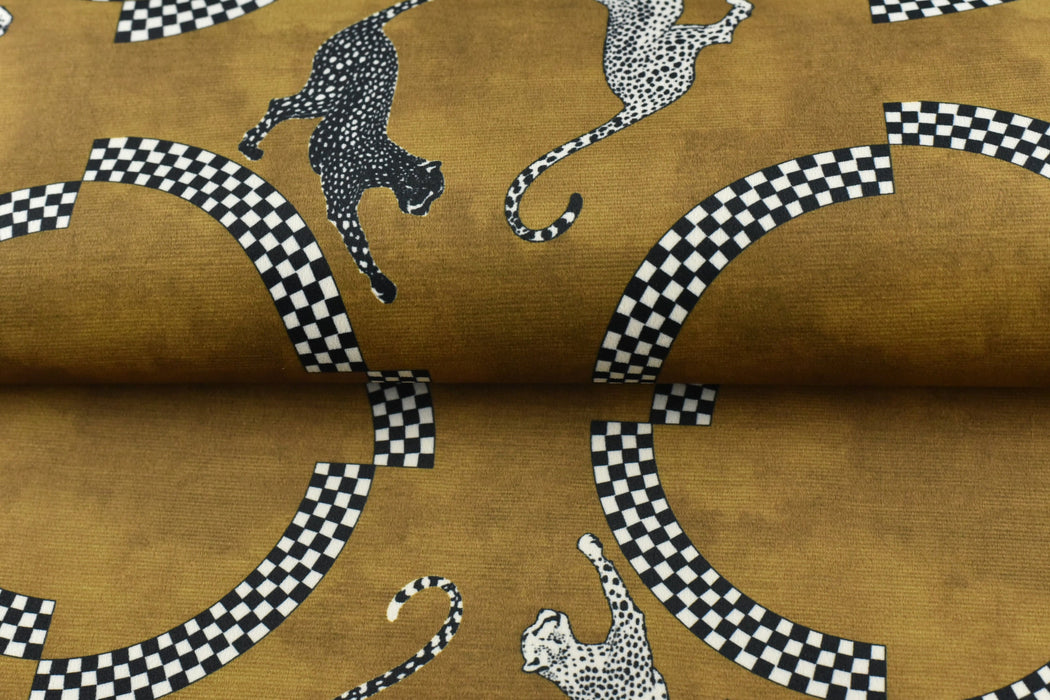 Novelty Leopard Silhouettes and Geometric Upholstery Fabric|Jumping Cheetah Animal Print Texture Gold Velvet Upholstery Fabric