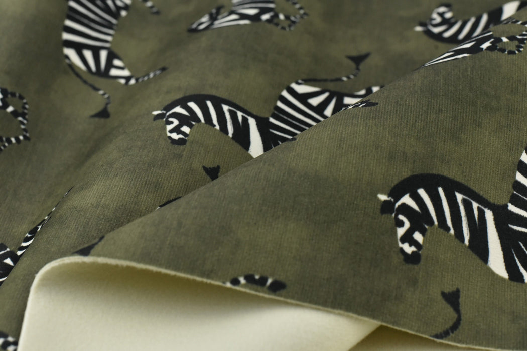 Exotic Dancing Zebra Velvet Upholstery Fabric in Green|Designer Playful Animal Print Velvet Upholstery Fabric For Chair Pillow Cusion Bench