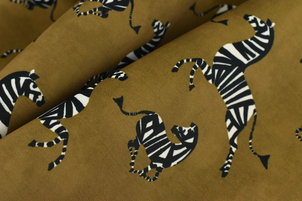 Gold Brown Playful Dancing Zebra Velvet Upholstery Fabric|Designer Animal Print Thick Velvet Upholstery Fabric For Chair Pillow Cusion Bench