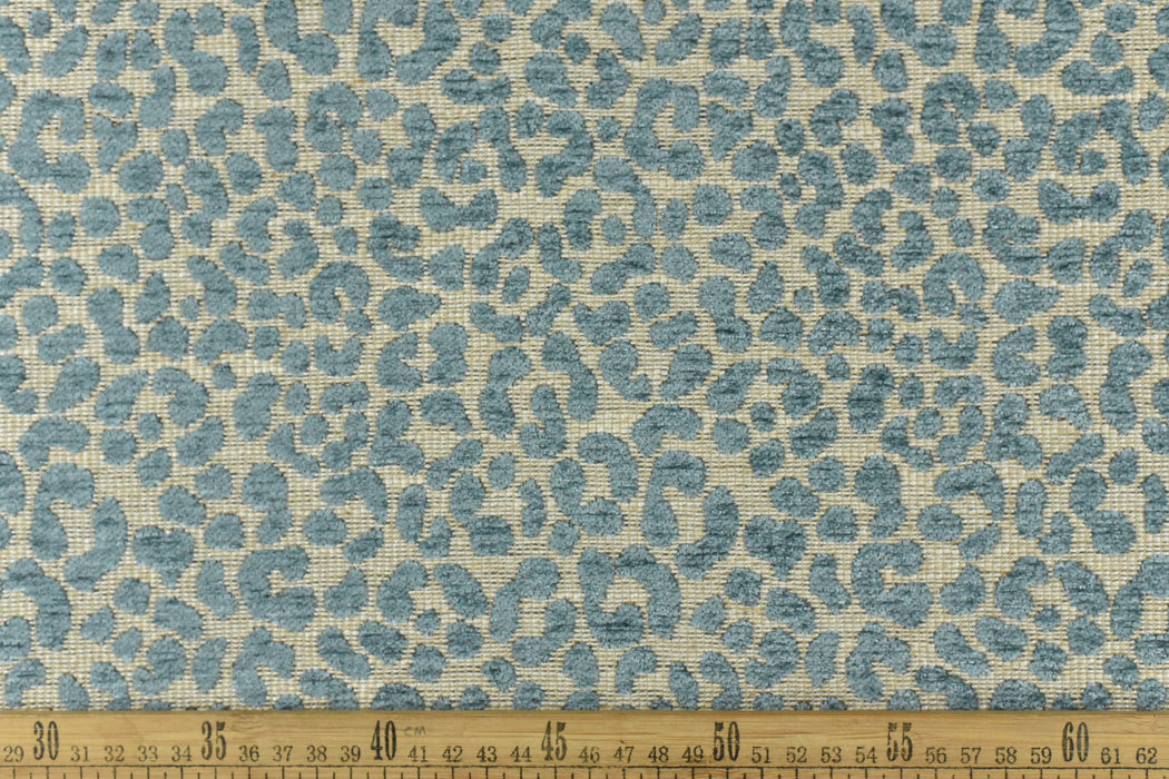 Designer Heavy Weight Linen Blend Cream Blue Chenille Leopard Jacquard Textured Upholstery Fabric|Animal Skin Geometric Woven Decor Fabric