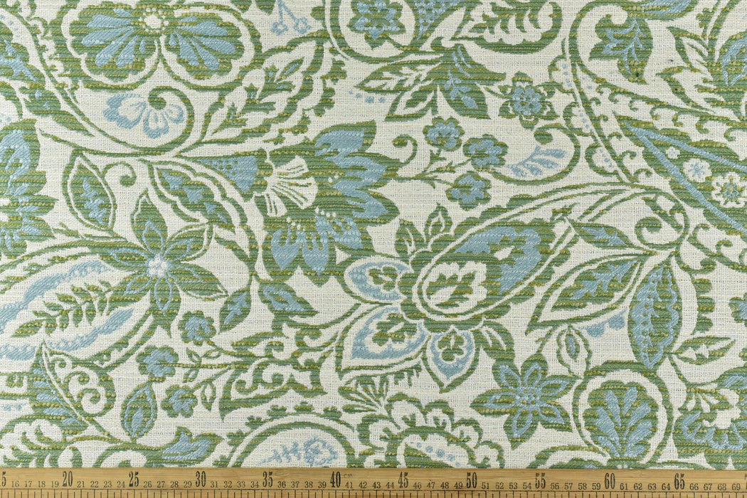 Heavy Linen Blend Turquoise Green Blue Paisley Floral Jacquard Upholstery Fabric|Floral Farmhoue Decor Fabric For Dining Chair Pillow Bench