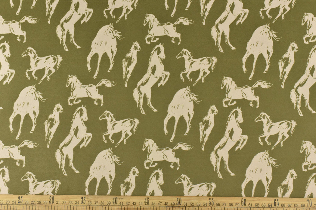 Running Horses Upholstery Fabric By The Yard|Galloping Horses Green Olive Print Velvet Fabric Upholstery For Furniure Chair Pillow Ottoman