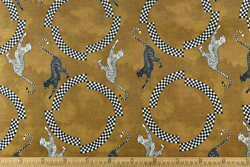 Novelty Leopard Silhouettes and Geometric Upholstery Fabric|Jumping Cheetah Animal Print Texture Gold Velvet Upholstery Fabric