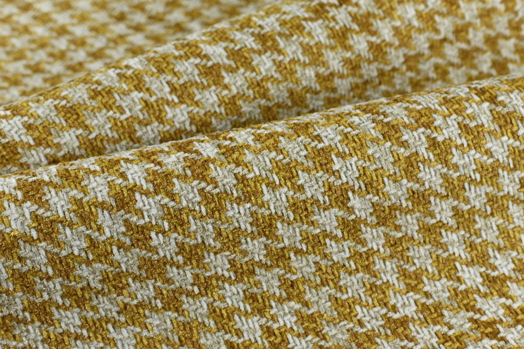 Heavy Weight Mustard Yellow Houndstooth Plaid Upholstery Fabric For Chair Couch|Mid-Century Modern Geometric Check Furniture Fabric-740GSM