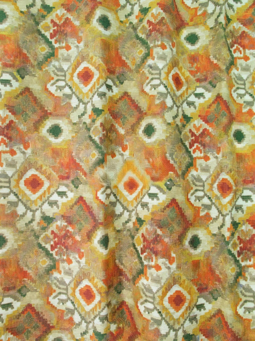 Geometric Floral Geometric Print Wool Cotton Blended Drapery and Upholsetry Fabric in Burnt Orange and Green|Large Abstract Boho Fabric