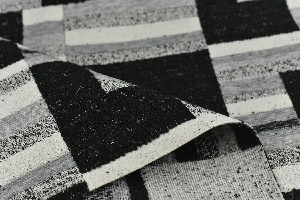 Black and White Grey Abstract Woven Geometric Boucle Upholstery Fabric By Yard For Chairs|Large Scale Heavy Weight Furniture Fabric For Sofa