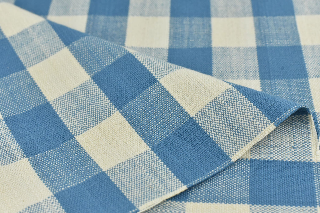 100% Pure Cotton Vintage Blue Orange Buffalo Check Jacquard Upholstery And Drapery Fabric|Modern Plaid Farmhouse Country Heavy Decor Fabric