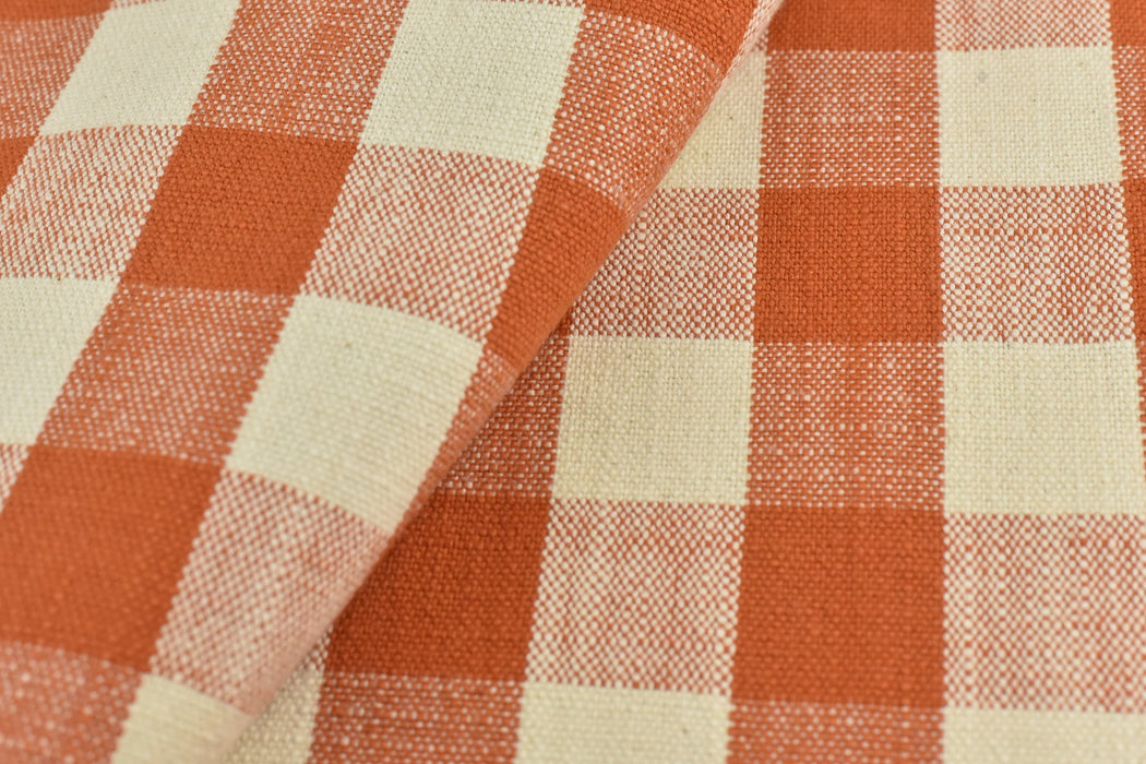 100% Pure Cotton Orange and Cream Vintage Buffalo Check Jacquard Upholstery And Drapery Fabric|Rustic Traditional Home Decor Fabric