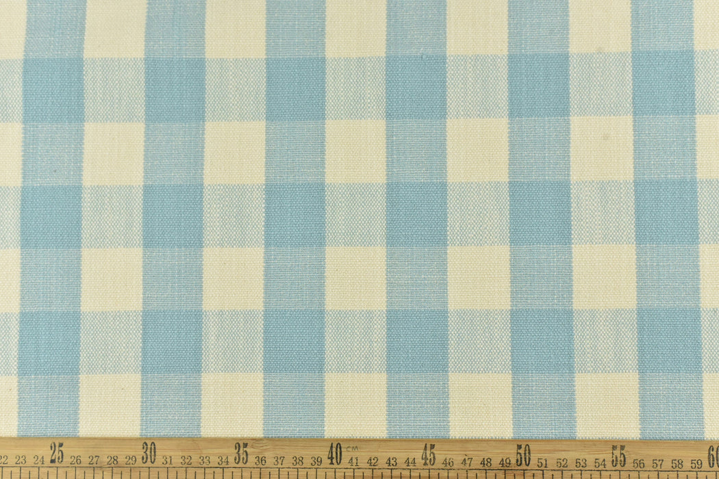 100% Pure Cotton Light Blue and Cream Vintage Buffalo Plaid Jacquard Upholstery And Drapery Fabric|Rustic Traditional Check Fabric