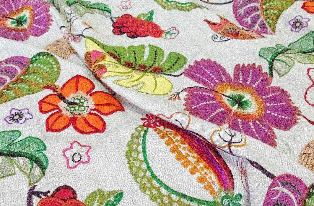 Cotton Linen Botanical Garden Embroideried Floral Upholstery Fabric and Drapery Fabric|Luxury Fabric For Chair Curtain Pillow