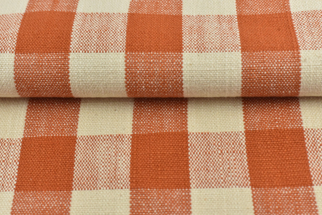 100% Pure Cotton Vintage Blue Orange Buffalo Check Jacquard Upholstery And Drapery Fabric|Modern Plaid Farmhouse Country Heavy Decor Fabric