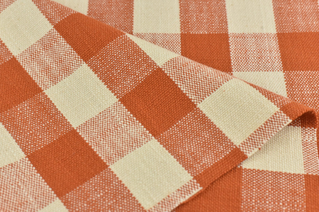 100% Pure Cotton Orange and Cream Vintage Buffalo Check Jacquard Upholstery And Drapery Fabric|Rustic Traditional Home Decor Fabric