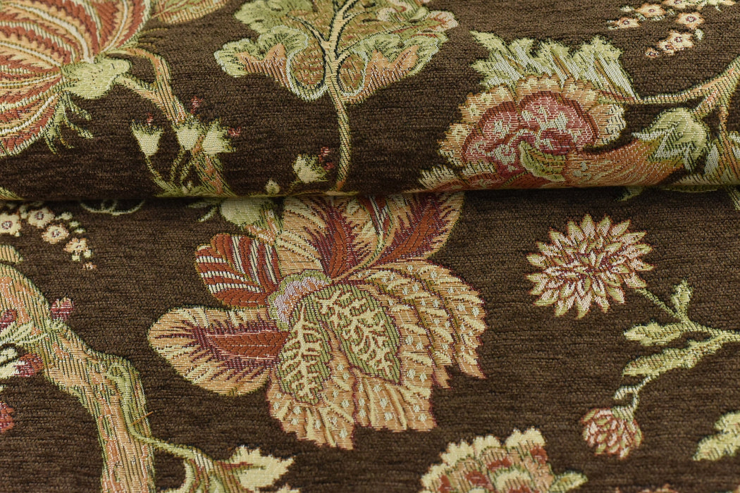 Mid Century Modern Brown Red Floral Jacquard Upholstery Fabric For Chair|Dark Green Vintage Floral Woven Fabric For Couch Cushion Pillow