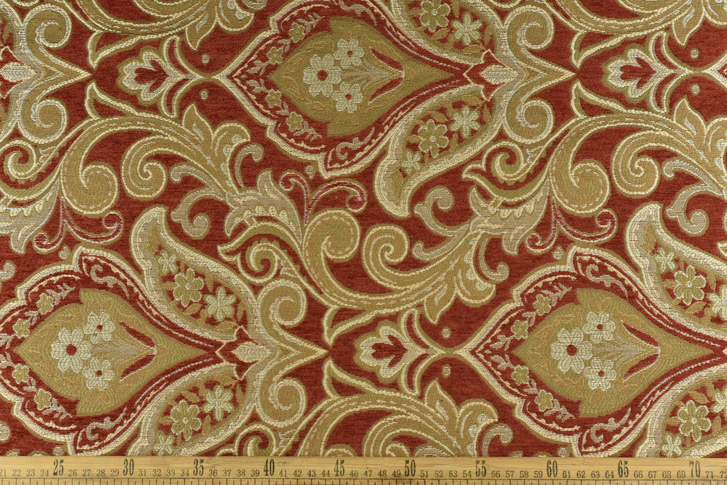 Vintage Damask Floral Jacquard Upholstery Fabric For Chair Sofa Cushion in Brown Gold|Luxury Chenille Woven Fabric in Red Gold For Headboard