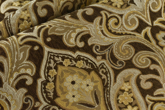Vintage Damask Floral Jacquard Upholstery Fabric For Chair Sofa Cushion in Brown Gold|Luxury Chenille Woven Fabric in Red Gold For Headboard