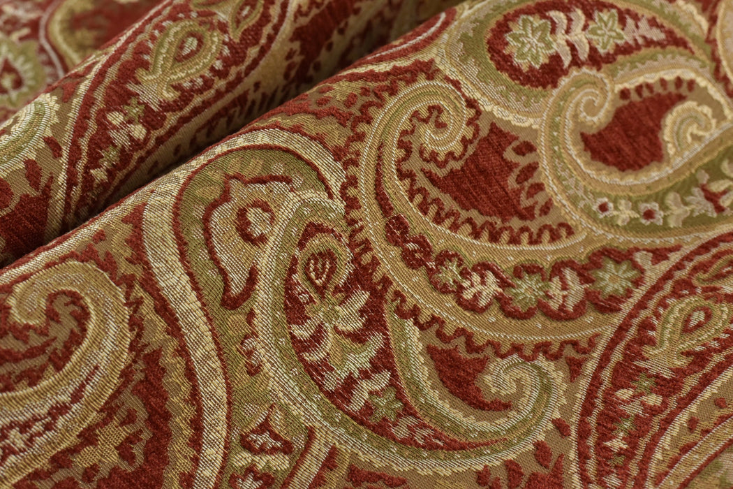 Heavy Weight Vintage Paisley Floral Jacquard Chenille Upholstery Fabric For Sofa Couch in Gold Red|Paisley Drapery Curtain&Furniture Fabric