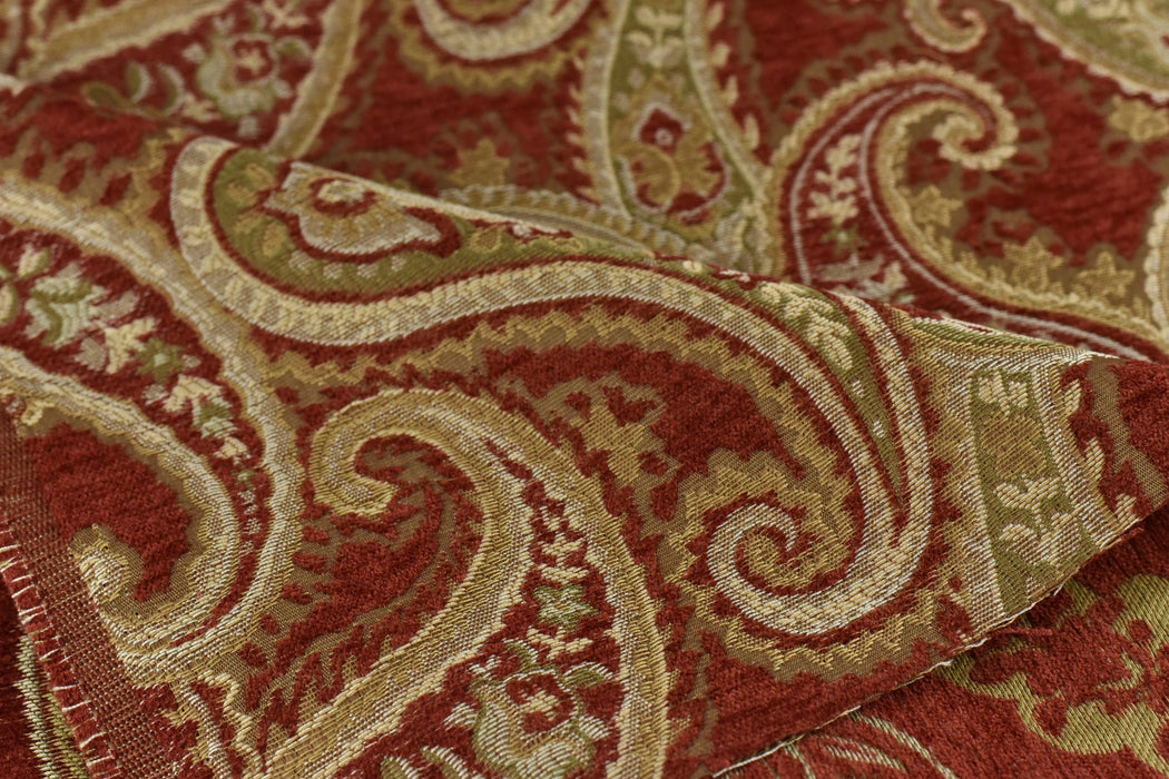 Heavy Weight Vintage Paisley Floral Jacquard Chenille Upholstery Fabric For Sofa Couch in Gold Red|Paisley Drapery Curtain&Furniture Fabric