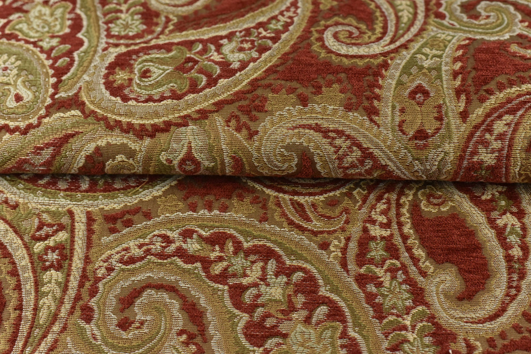 Heavy Weight Vintage Paisley Floral Jacquard Chenille Upholstery Fabric For Sofa Couch in Gold Red|Paisley Drapery Curtain&Furniture Fabric