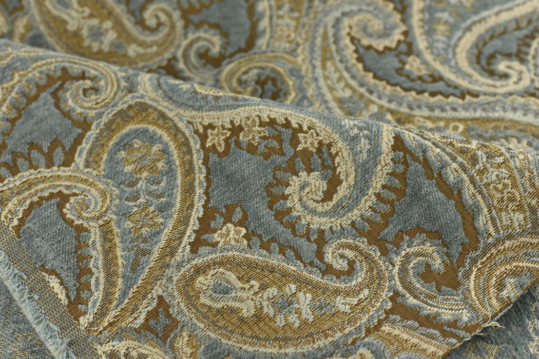 Blue Gold Vintage Paisley Floral Jacquard Chenille Upholstery Fabric Fo Chair Cushion Ottoman|Paisley Woven Heavy Weight Home Decor Fabric