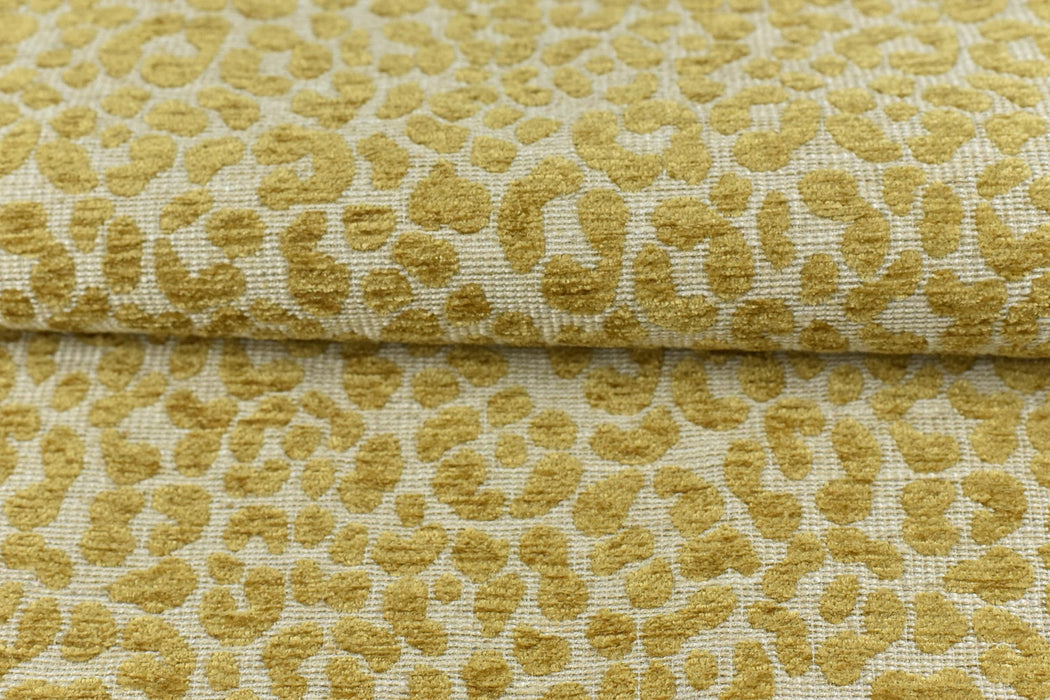 Designer Heavy Weight Linen Blend Cream Gold Chenille Leopard Jacquard Textured Upholstery Fabric|Animal Skin Geometric Woven Decor Fabric