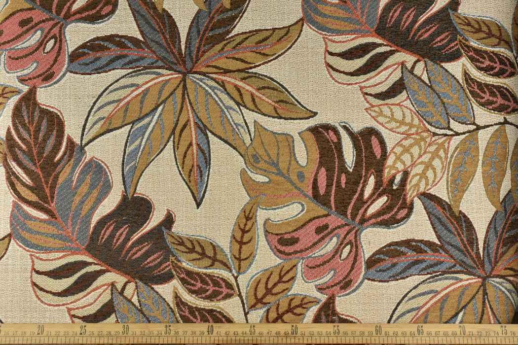 Large Woven Monstera Leaves Boho Upholstery Fabric For Chair in Brown Yellow Pink|Vintage Farmhouse Decor Fabric For Bench Arm Chair