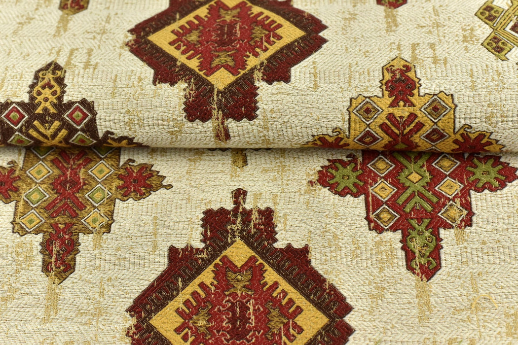 Turkish Design Cotton Blend Jacquard Floral Geometric Upholstery Fabric |Ethnic Curtain and Chair Fabric By The Yard