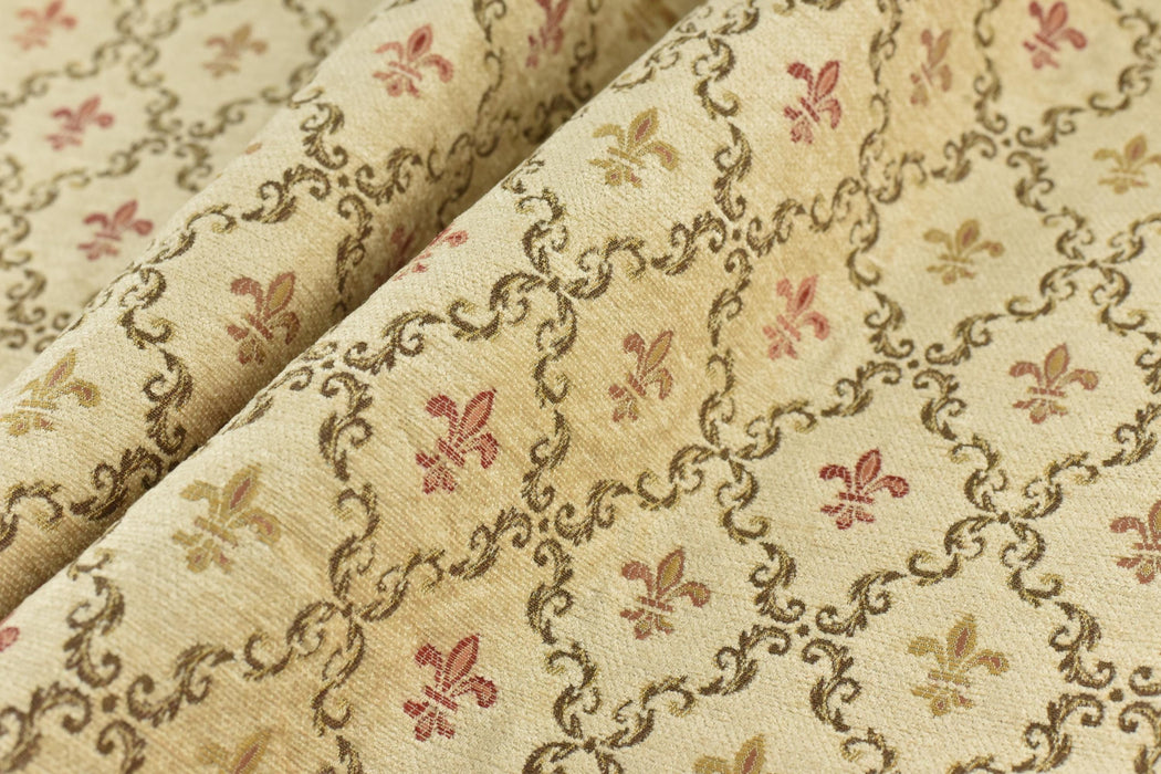 Mid Century Modern Cream Gold Damask Floral Geometric Chenille Jacquard Upholsetry Fabric For Furniture Drapery|Retro Fabric For Couch 110"W