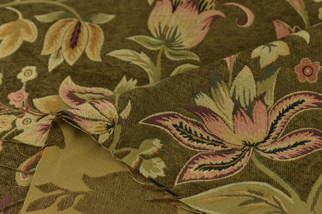 Vintage Large Scale Floral Jacquard Chenille Upholsetry Fabric For Furniture Drapery|Mid-Century Modern Home Decor Fabric Brown Black 110"W