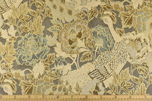 Mid Century Modern MCM Beige Blue Gold Floral Peacock Upholstery Fabric For Chair|Vintage Eastern Chinoiserie Decor Fabric For Furniture