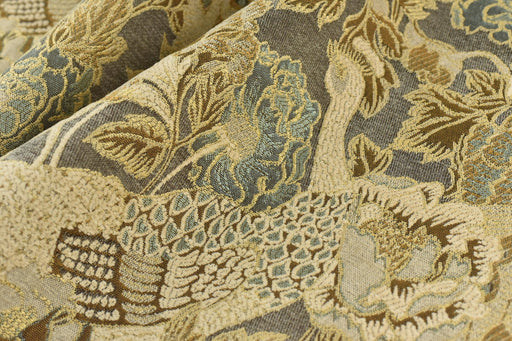 Mid Century Modern MCM Beige Blue Gold Floral Peacock Upholstery Fabric For Chair|Vintage Eastern Chinoiserie Decor Fabric For Furniture