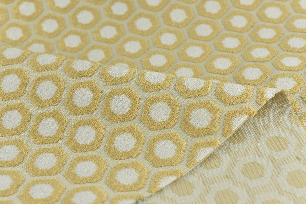 Heavy Duty Light Gold Honeycomb Hexagon Geometric Raised Cut Velvet Upholsetry Fabric For Chair Couch|High Quality Thick Velvet Fabric