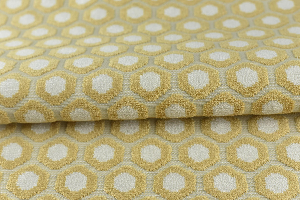 Heavy Duty Light Gold Honeycomb Hexagon Geometric Raised Cut Velvet Upholsetry Fabric For Chair Couch|High Quality Thick Velvet Fabric