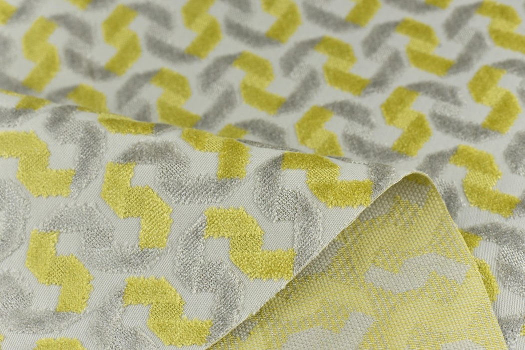 Heavy Weight Yellow Sliver Geometric Raised Cut Velvet Upholsetry Fabric For Chair Couch|High Quality Abstract Stripe Velvet Fabric