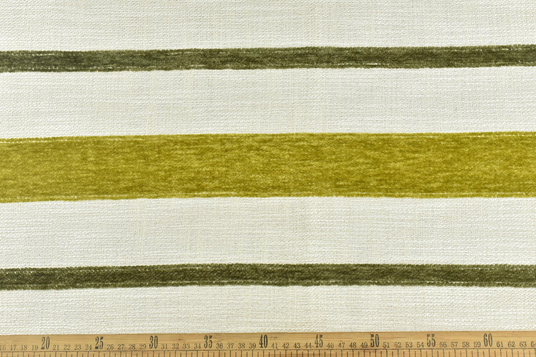 Vintage Heavy Weight Farmhouse Country Chartreuse Green and White Chenille Stripe Textured Woven Upholstery Fabric For Chair Couch