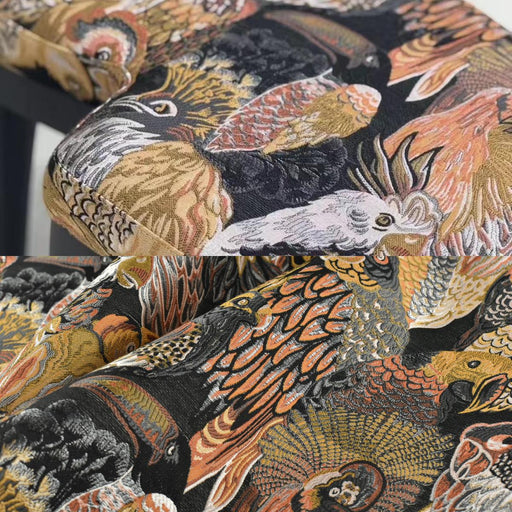 Brown Gold Novelty Chinoiserie Parrots Polly Jacquard Upholstery Fabric For Chair|Colorful Vintage Exotic Animal Tropical Birds Fabric