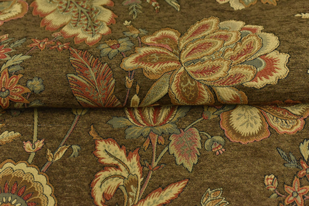 Mid Century Modern Brown Red/Blue Chunky Chenille Floral Jacquard Upholstery Fabric|Retro French Floral Fabric Upholstery and Drapery 110"W