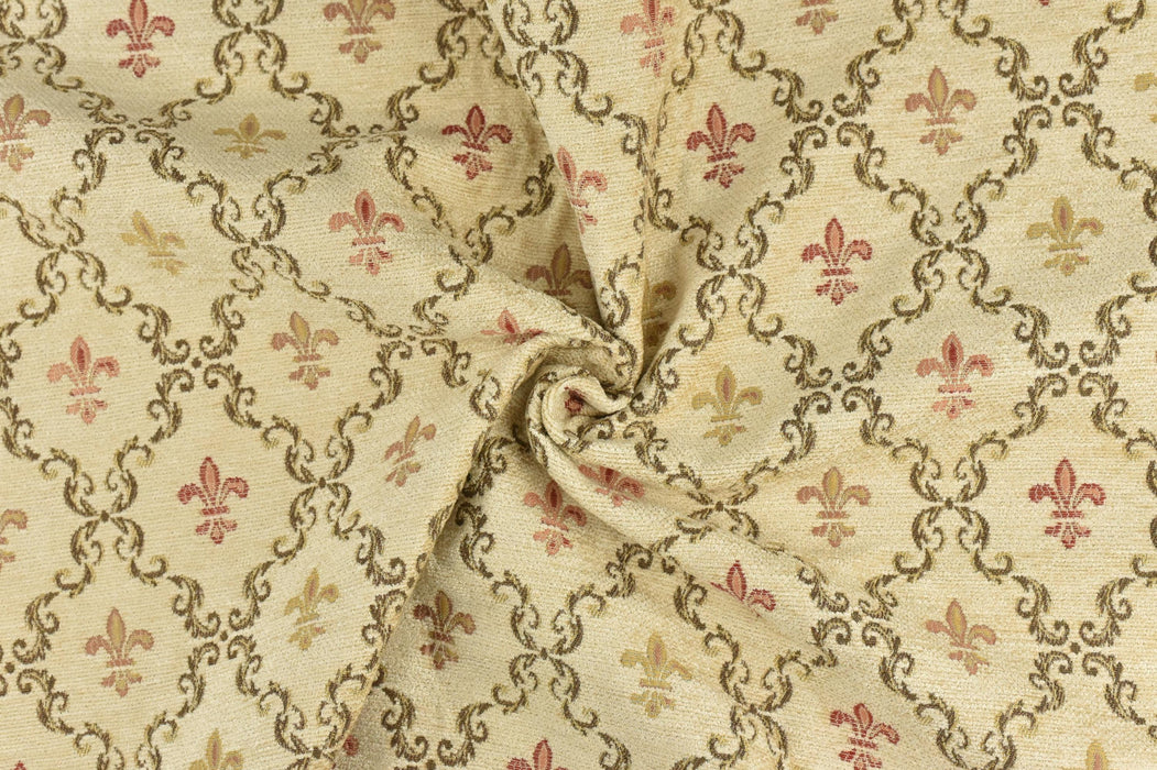 Mid Century Modern Cream Gold Damask Floral Geometric Chenille Jacquard Upholsetry Fabric For Furniture Drapery|Retro Fabric For Couch 110"W