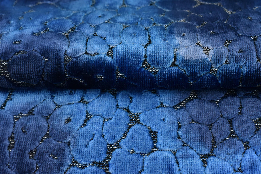 Heavyweight Blue Animal Skin Raised Cut Velvet Upholstery Fabric For Chair Ottoman|Luxury Vintage Abstract Geometric Velvet Fabric For Couch