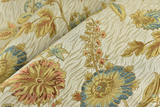 Vintage Cream Gold Large Floral Chenille Jacquard Upholsetry Fabric For Furniture Drapery|Blue Gold Farmhouse Flower Decor Fabric