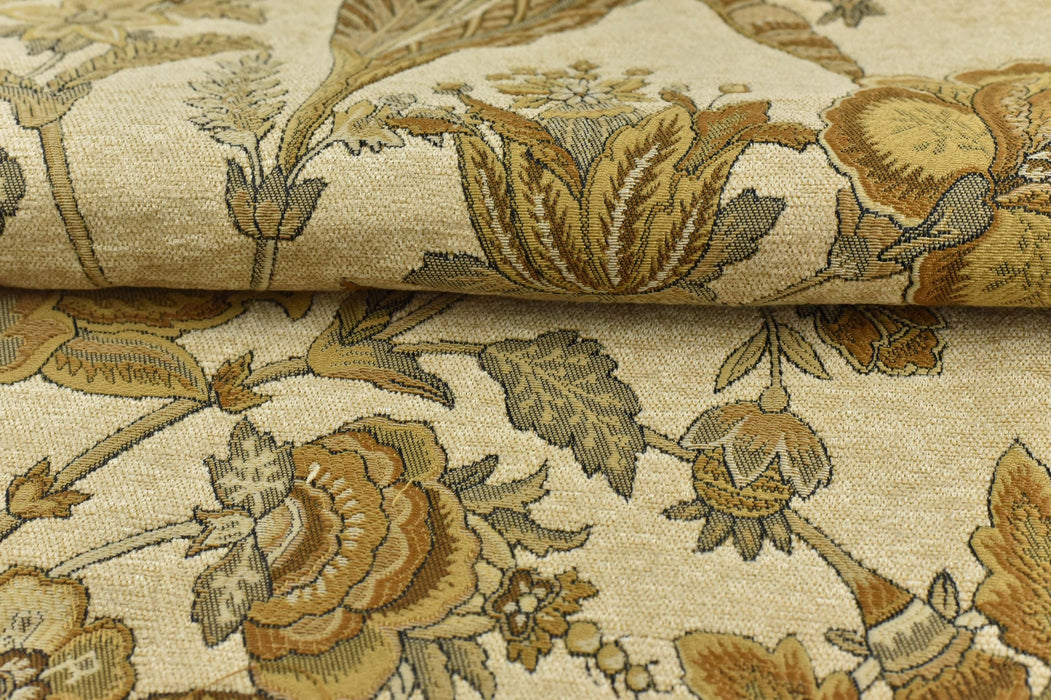 Mid Century Modern Cream Gold Chunky Chenille Floral Jacquard Upholstery Fabric|Retro French Floral Fabric Upholstery and Drapery 110"W