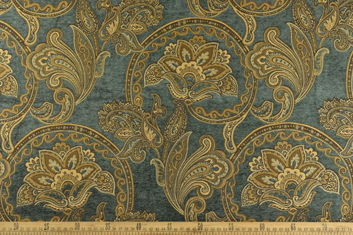 Luxury Vintage Teal Gold Large Floral Paisley Chenille Woven Upholstery Fabric For Chair Curtain|Extra Wide Farmhouse Fabric 110"(280CM)W