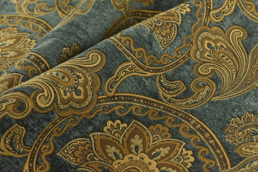 Luxury Vintage Teal Gold Large Floral Paisley Chenille Woven Upholstery Fabric For Chair Curtain|Extra Wide Farmhouse Fabric 110"(280CM)W