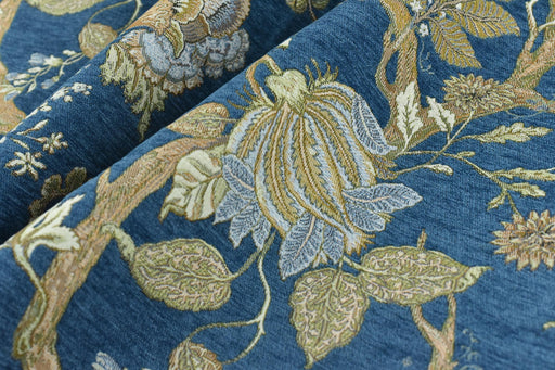 Mid Century Modern Blue and Green Chenille Floral Jacquard Upholstery Fabric For Chair|Vintage Floral Woven Fabric For Couch Cushion Pillow