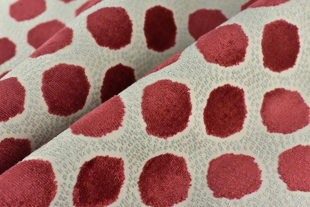 Heavy Weight Rust Dot Geometric Raised Cut Velvet Upholsetry Fabric For Chair Couch|High Quality Red Abstract Circle Velvet Fabric