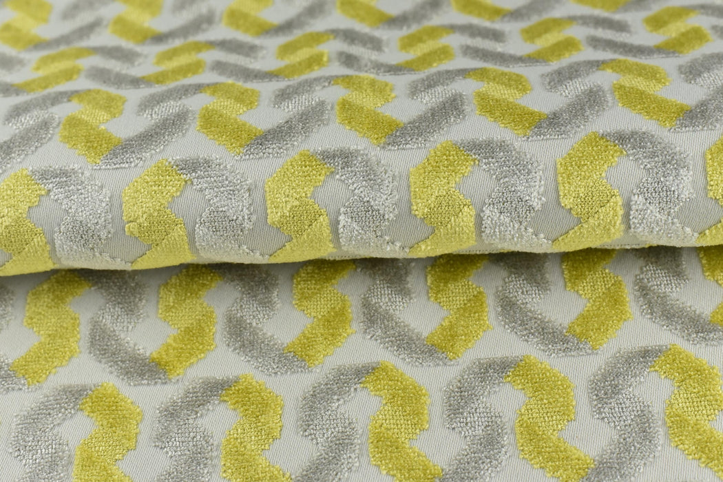 Heavy Weight Yellow Sliver Geometric Raised Cut Velvet Upholsetry Fabric For Chair Couch|High Quality Abstract Stripe Velvet Fabric