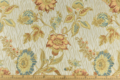 Vintage Cream Gold Large Floral Chenille Jacquard Upholsetry Fabric For Furniture Drapery|Blue Gold Farmhouse Flower Decor Fabric