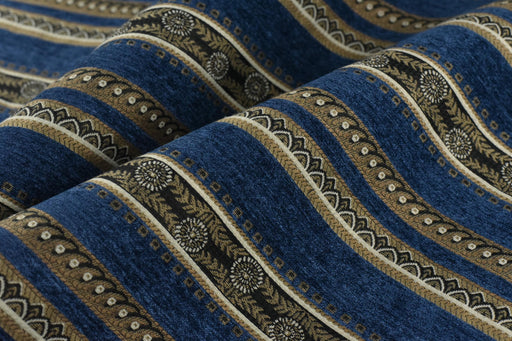 Vintage Blue Gold Trible Geometric Stripe Chenille Jacquard Upholstery Fabric|Boho Home Decor Stripes Textile For Furniture Drapery