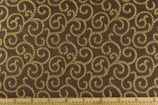 Vintage Brown Gold Curly Floral Chenille Jacquard Upholstery Fabric For Chair|Heavy Weight Retro Farmhouse Reupholstery Fabric For Couch